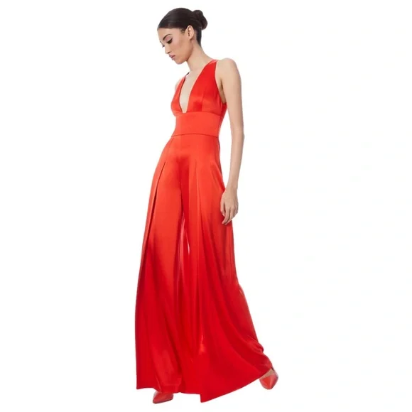 NWT!! Alice + Olivia Myrtle Deep V-Neck Wide Leg Jumpsuit  Chili Pepper Red - 8 - Picture 15 of 15